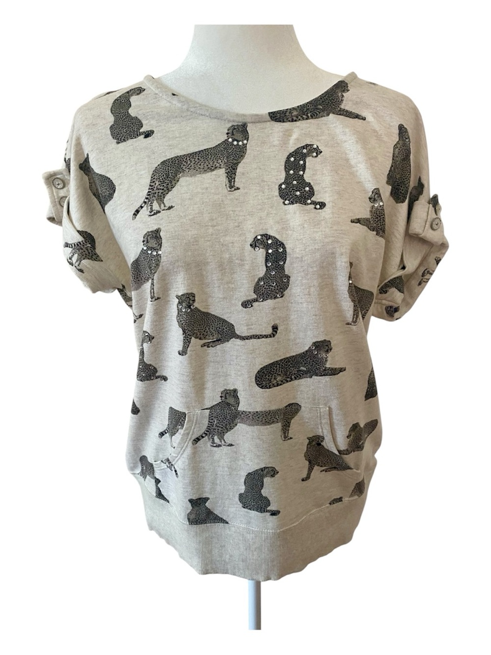 Style & Co Cheetah Cat Print Rhinestone Short Sleeve Sweatshirt Roll Tab S